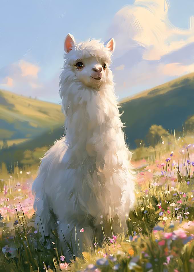 Fluffy White Alpaca in Meadow