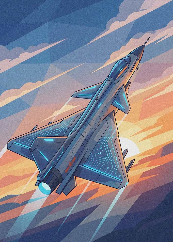 Futuristic Fighter Jet in Sunset Sky
