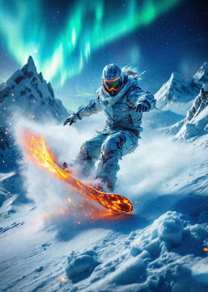 Snowboard Fire Aurora Art Poster