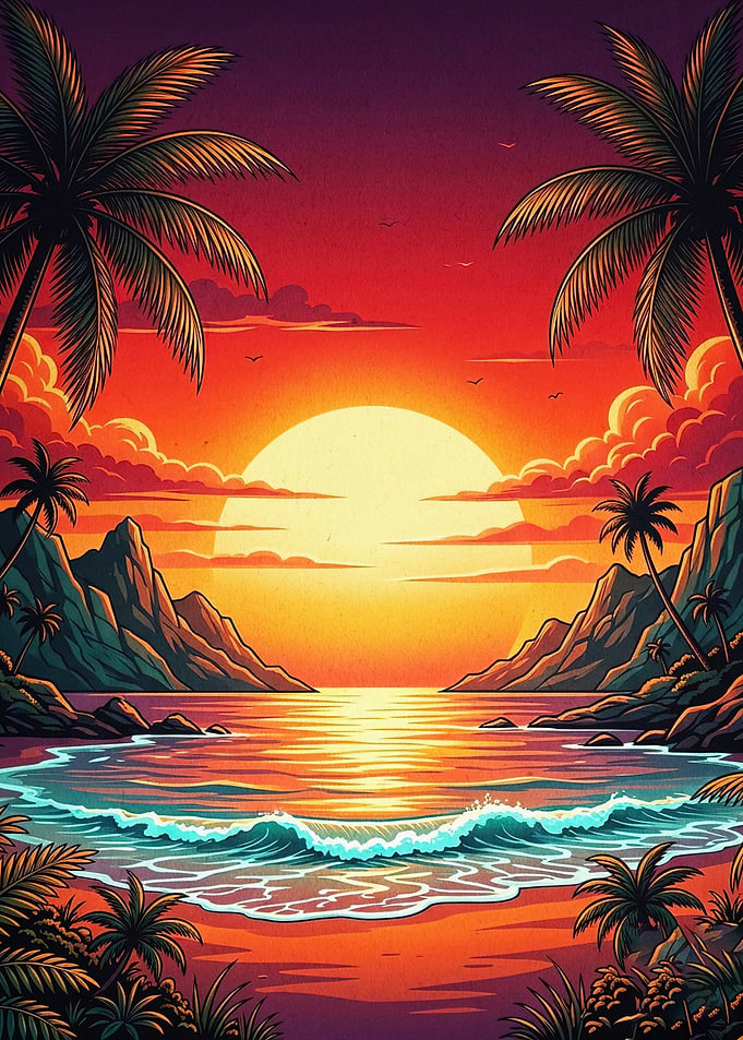 Sunset Beach Palm Trees Retro Art