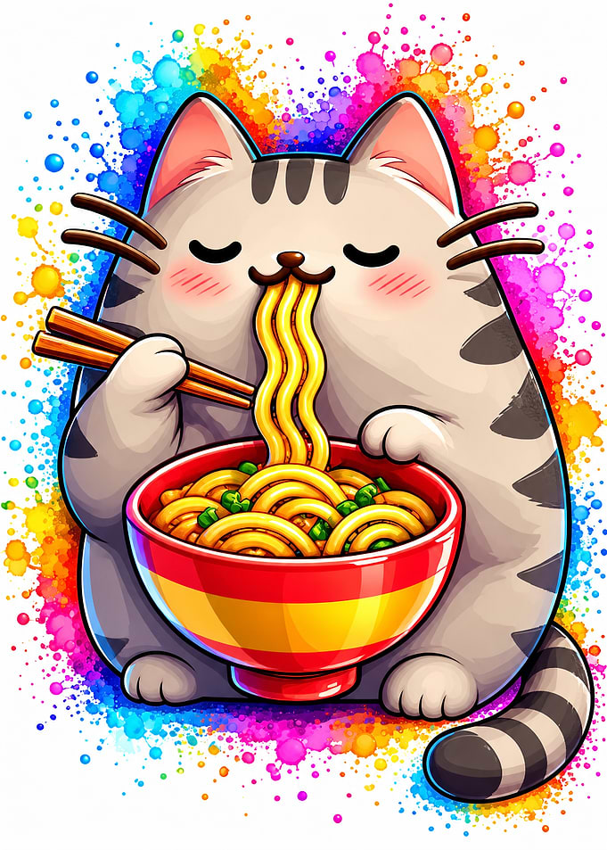 Cute Cat Eating Ramen Noodles