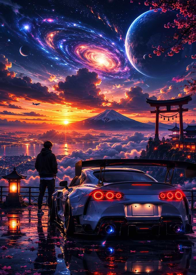 Sports Car Overlooking Mount Fuji