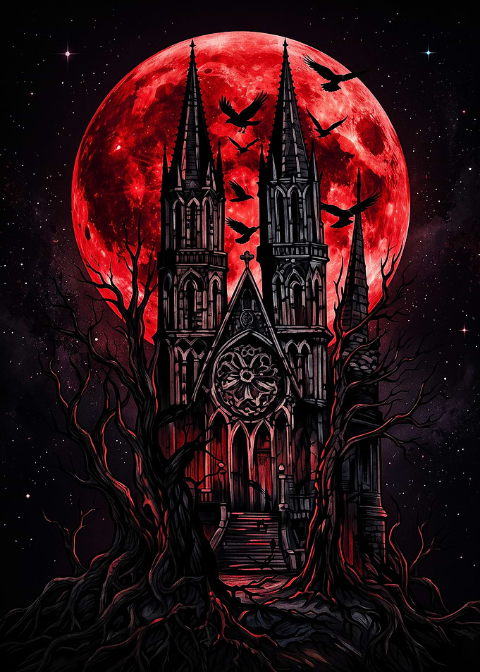 Gothic Cathedral Under Blood Moon