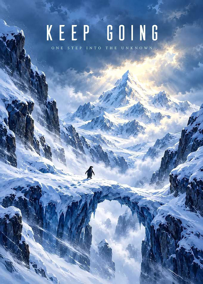 Keep Going Penguin Mountain Poster