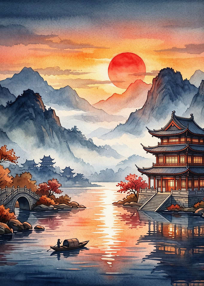 Japan Pagoda Sunset Watercolor Art