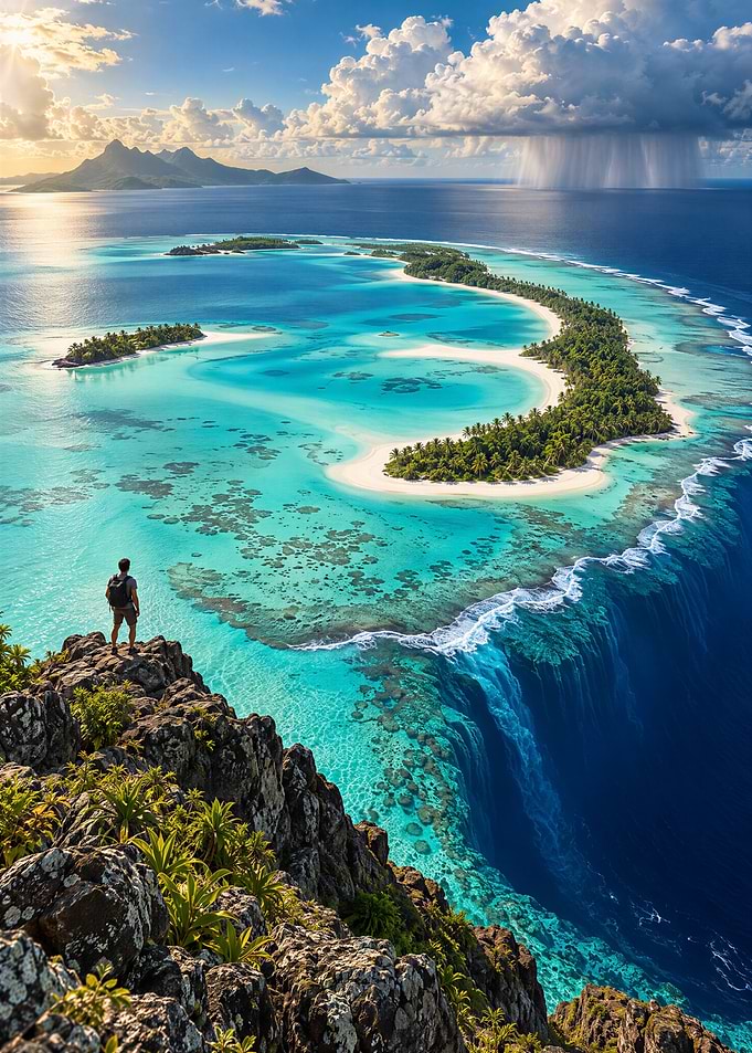 Hiker Overlooking Tropical Island Paradise