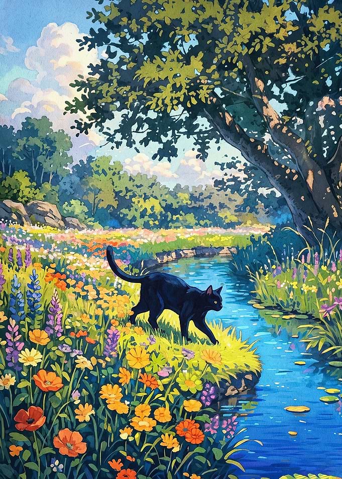 Black Cat Riverbank Anime Art