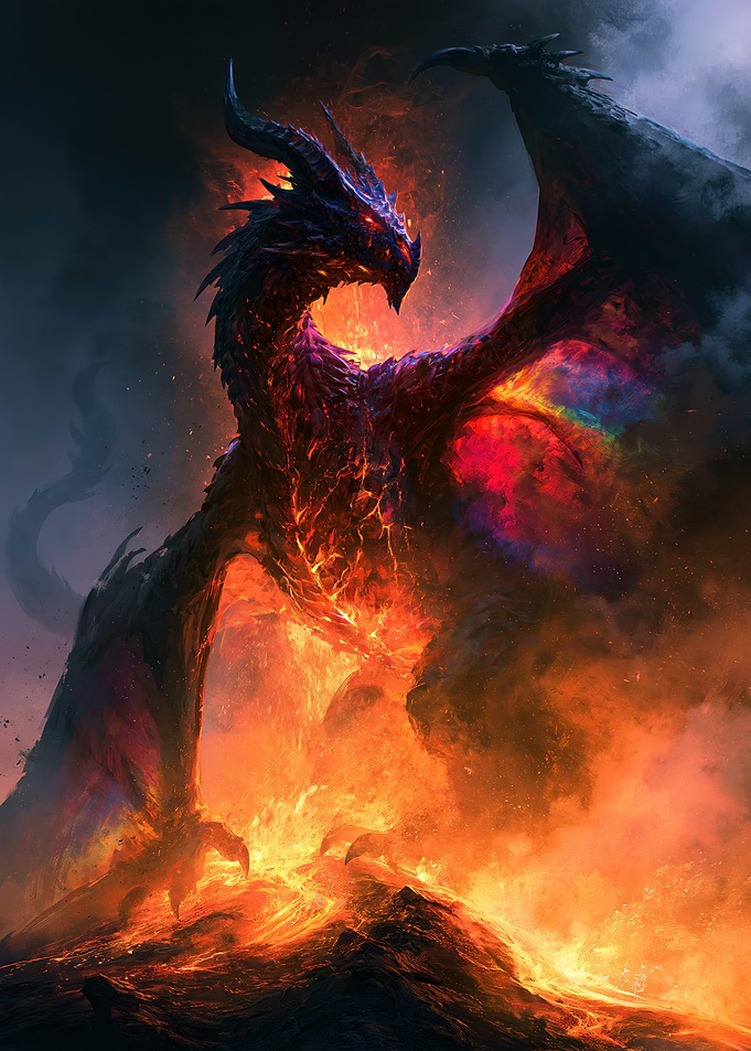 Fiery Dragon Emerging from Volcano