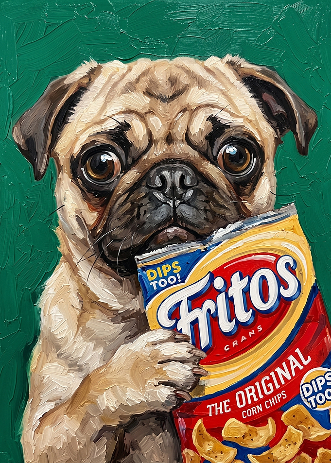 Pug Holding a Bag of Fritos