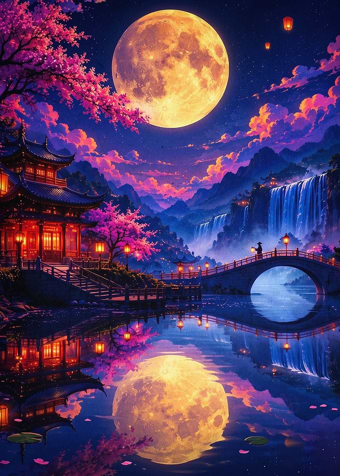 Japan Temple Moon Cherry Blossom Ar