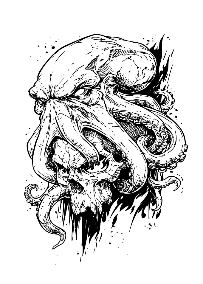 Octopus and Skull Ink Illustration