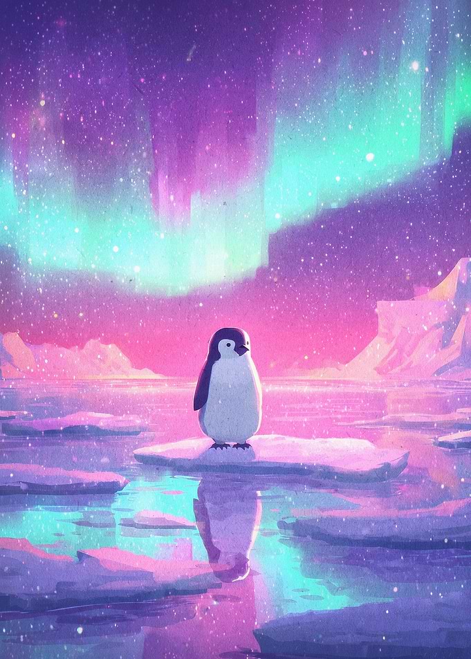 Penguin Northern Lights Cute Art