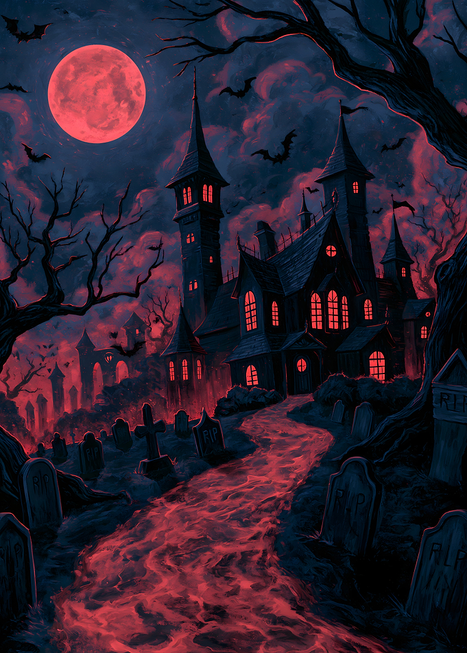 Gothic Halloween Haunted Mansion under Red Blood Moon - Cemetery Dark Fantasy Art