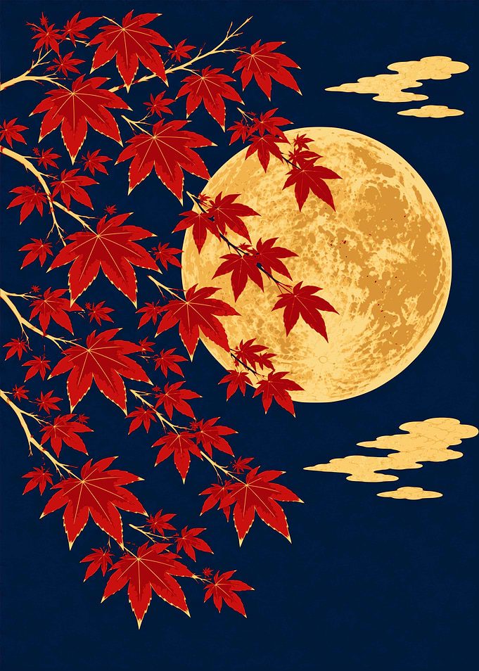 Crimson Maple Leaves and Golden Moon