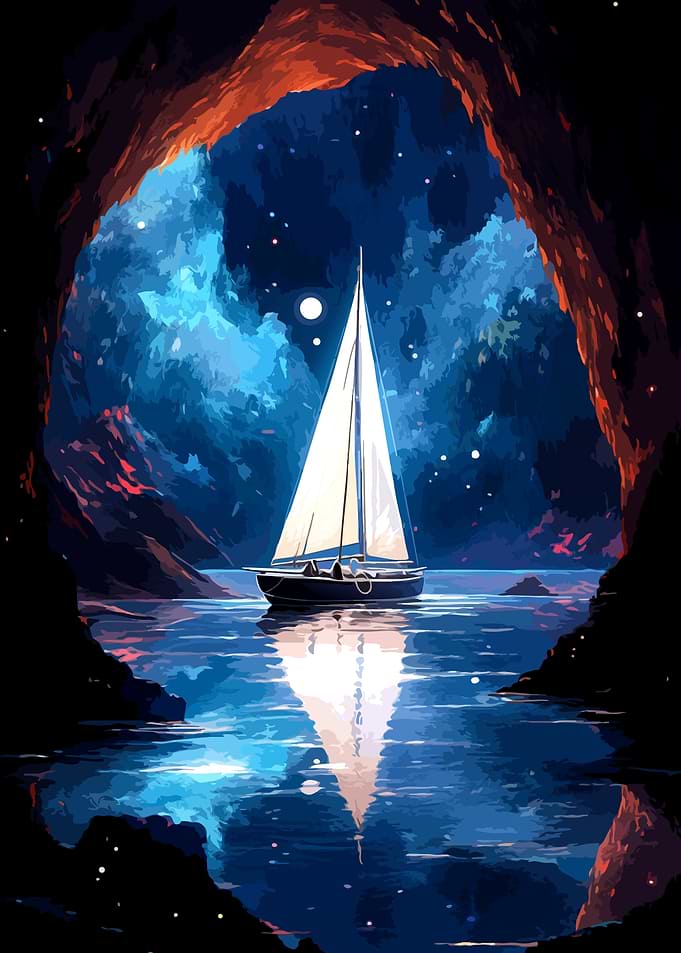 Sailboat in a Glowing Cave