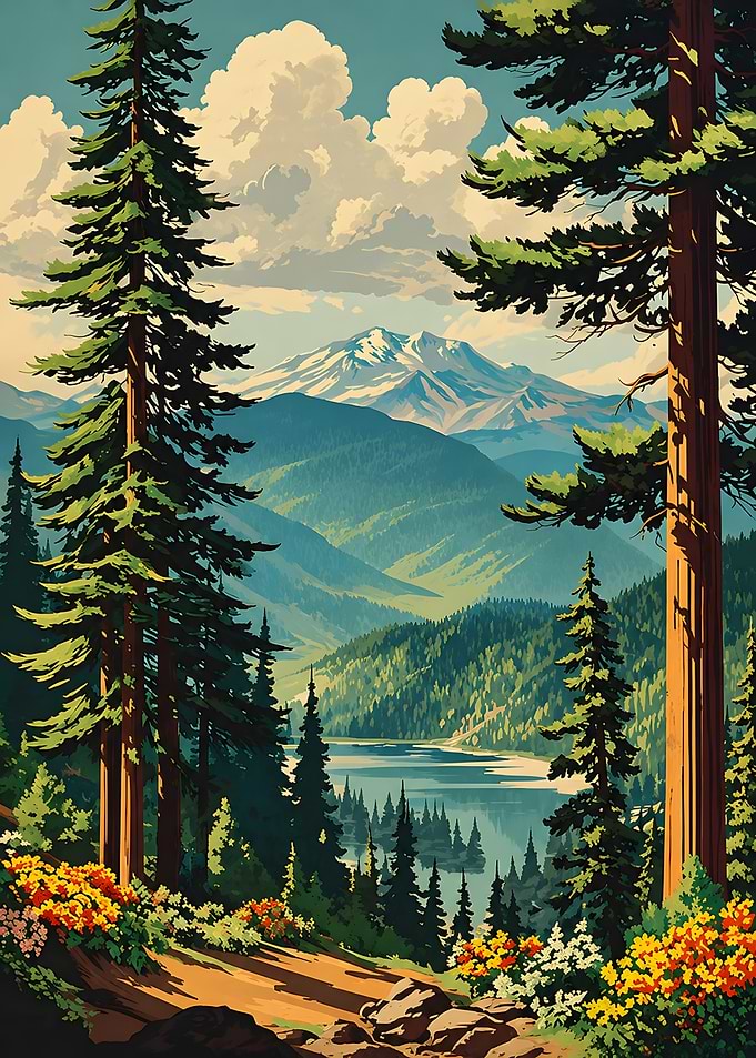Vintage Pine Forest Mountain Lake Travel Poster
