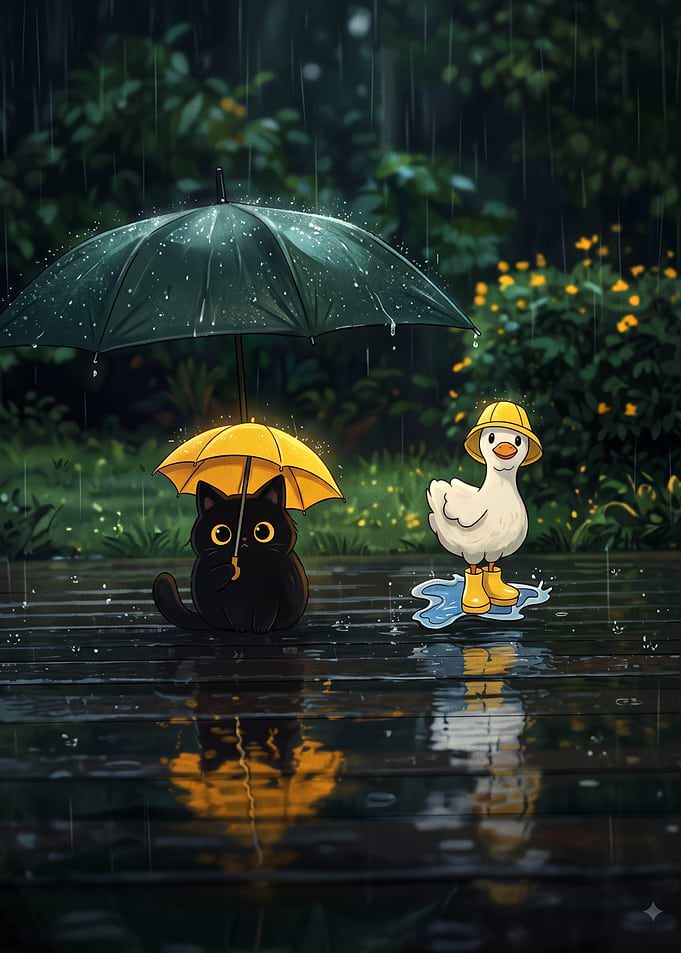 Cute Cat and Duck in Rain