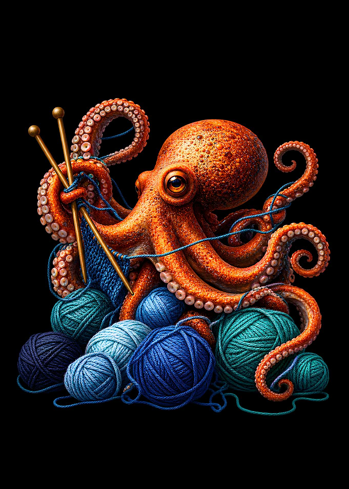 Octopus Knitting with Blue Yarn
