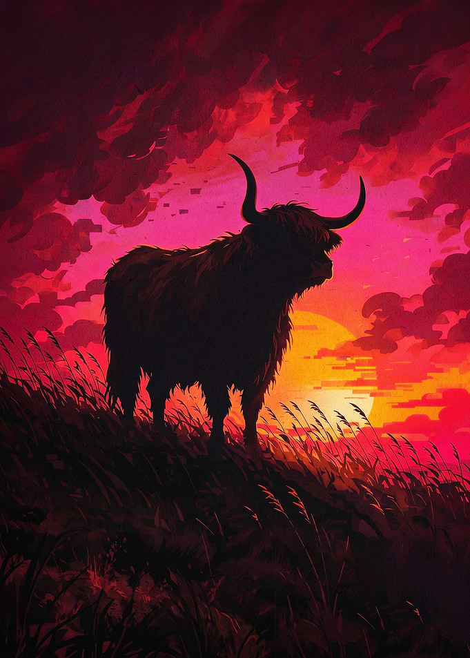 Highland Cow Sunset Red Vibe Art