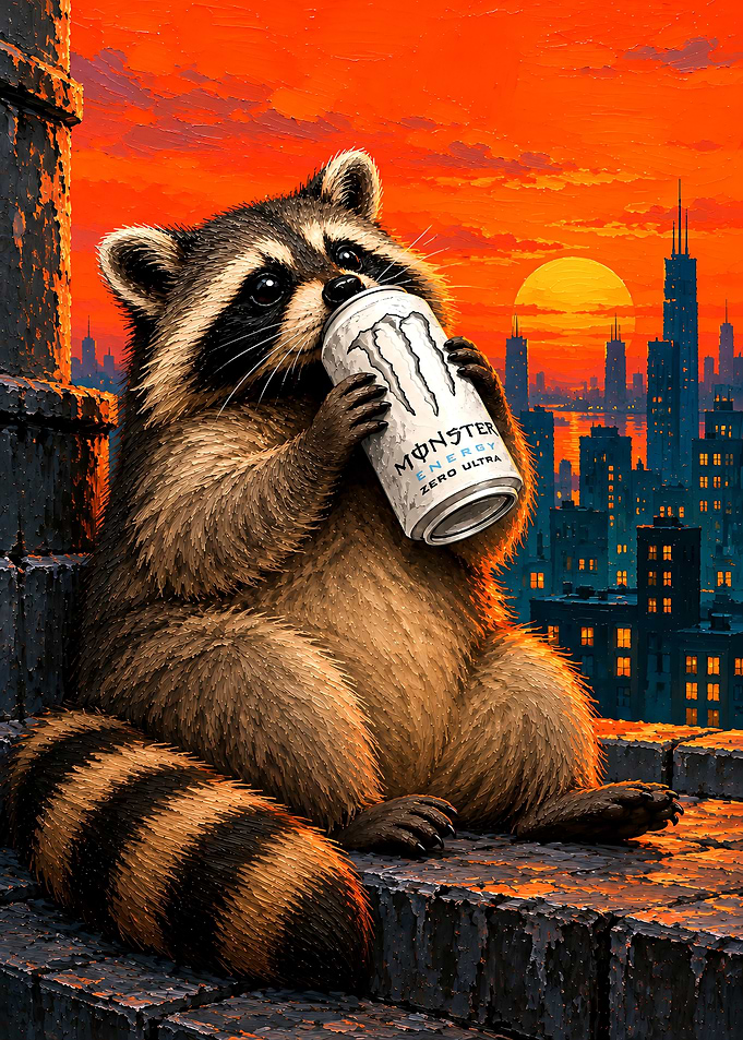 Raccoon Drinking Monster Energy at Sunset