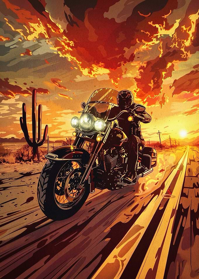 Biker Desert Sunset Art Poster