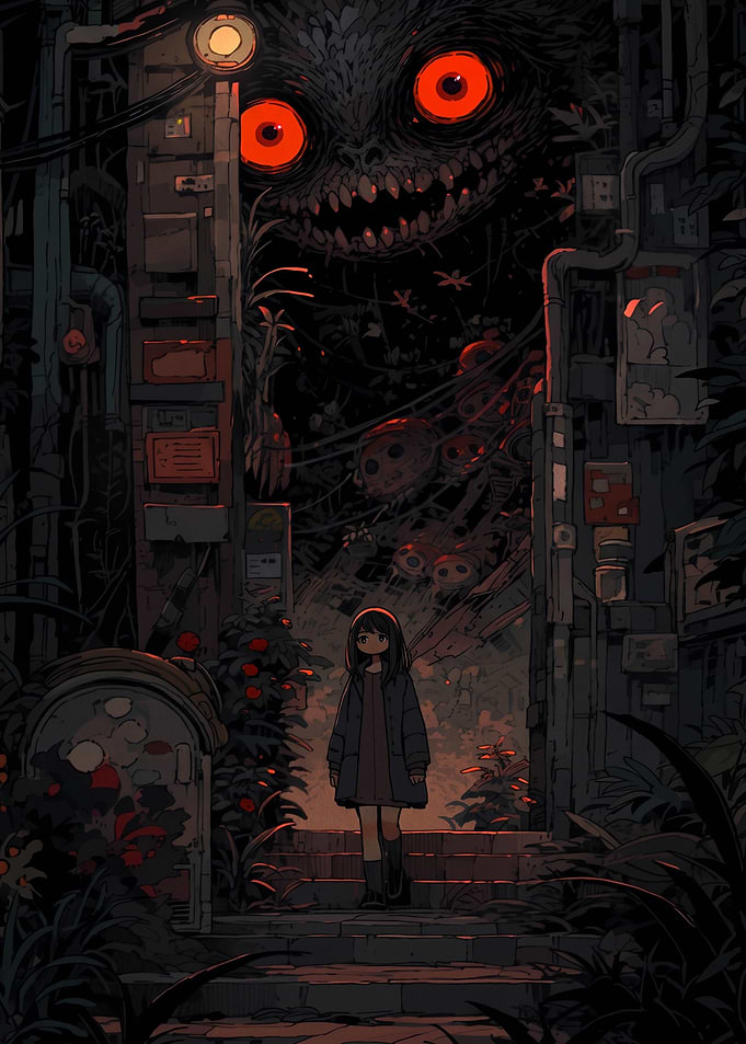 Girl Facing a Dark Shadow Monster