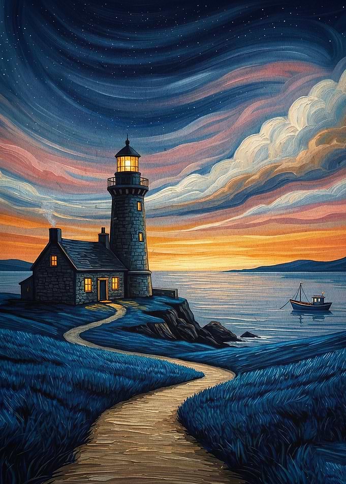 Lighthouse Coast Starry Night Poste