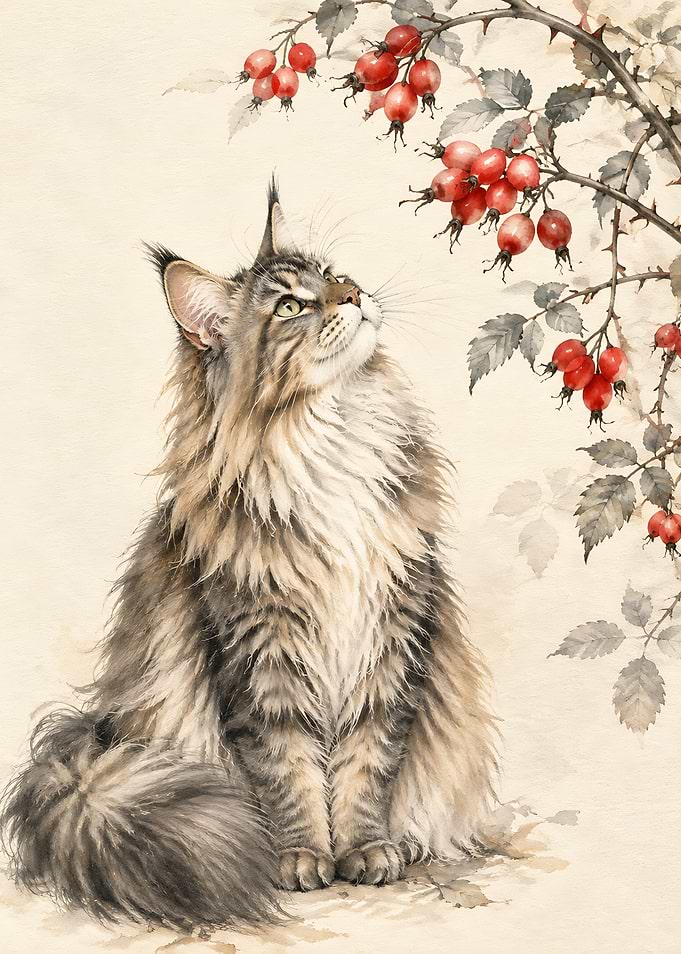 Maine Coon Cat and Rose Hips