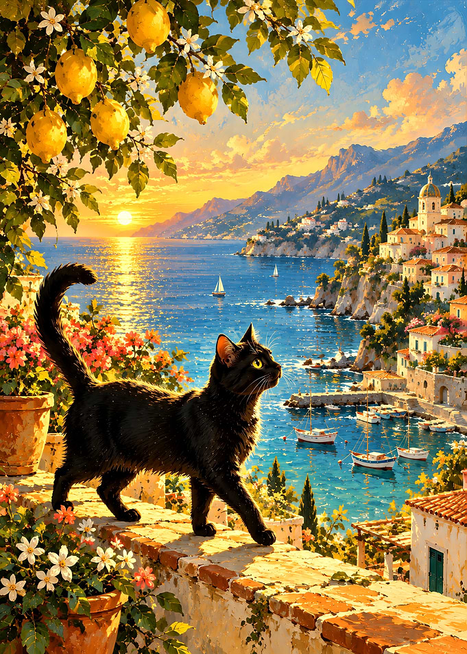 Black Cat on Amalfi Coast Terrace