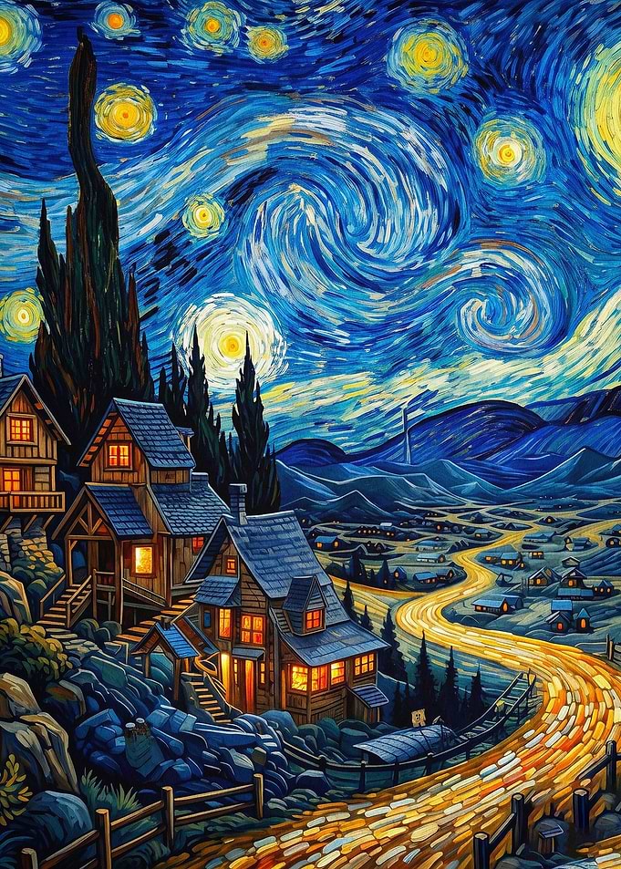 Starry Night Village Oil Art Poster