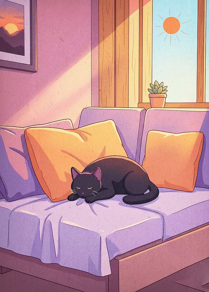 Sleeping Black Cat Cozy Vibe Art