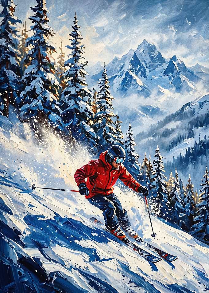 Skiing Mountain Winter Snow Oil Art