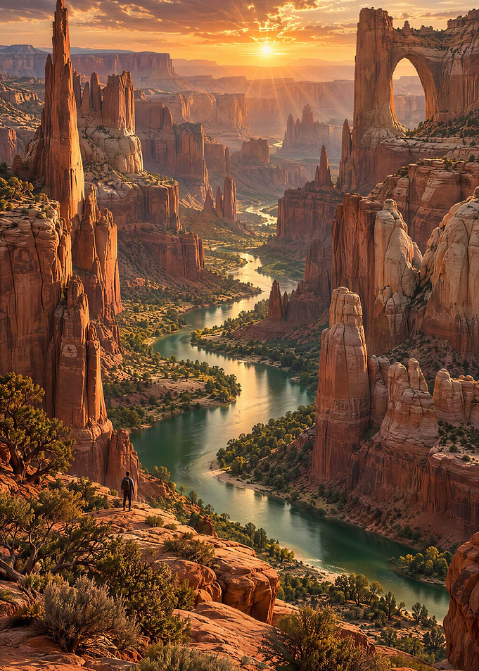 Sunset Over a Winding Canyon River