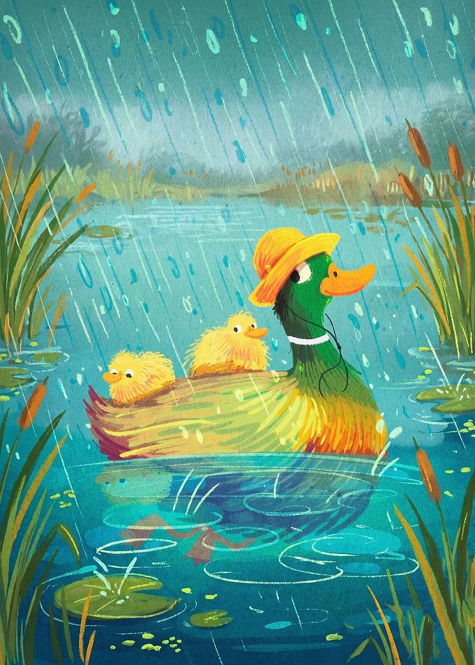 Duck Pond Rain Cute Animal Art