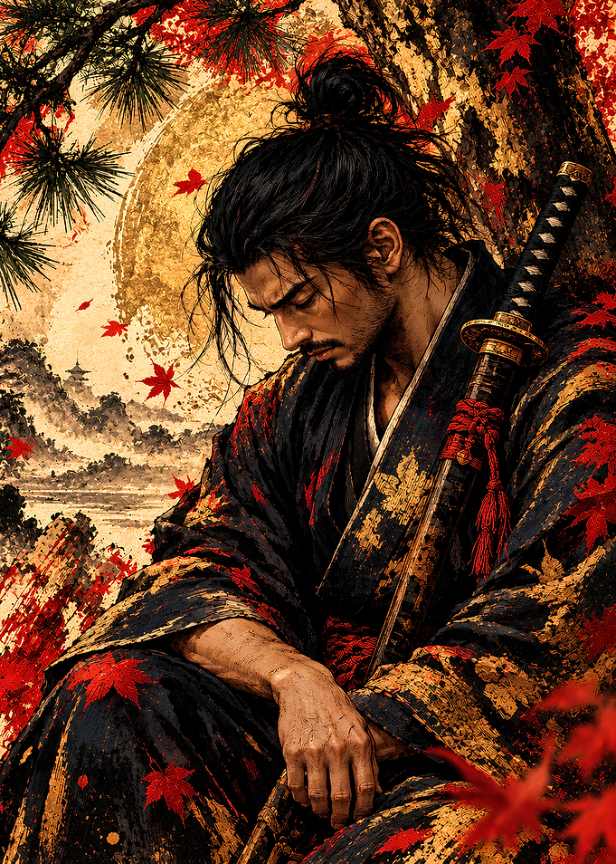 Pensive Samurai Under Autumn Maples