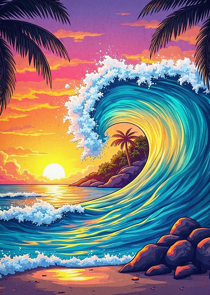 Sunset Wave Tropical Beach Poster