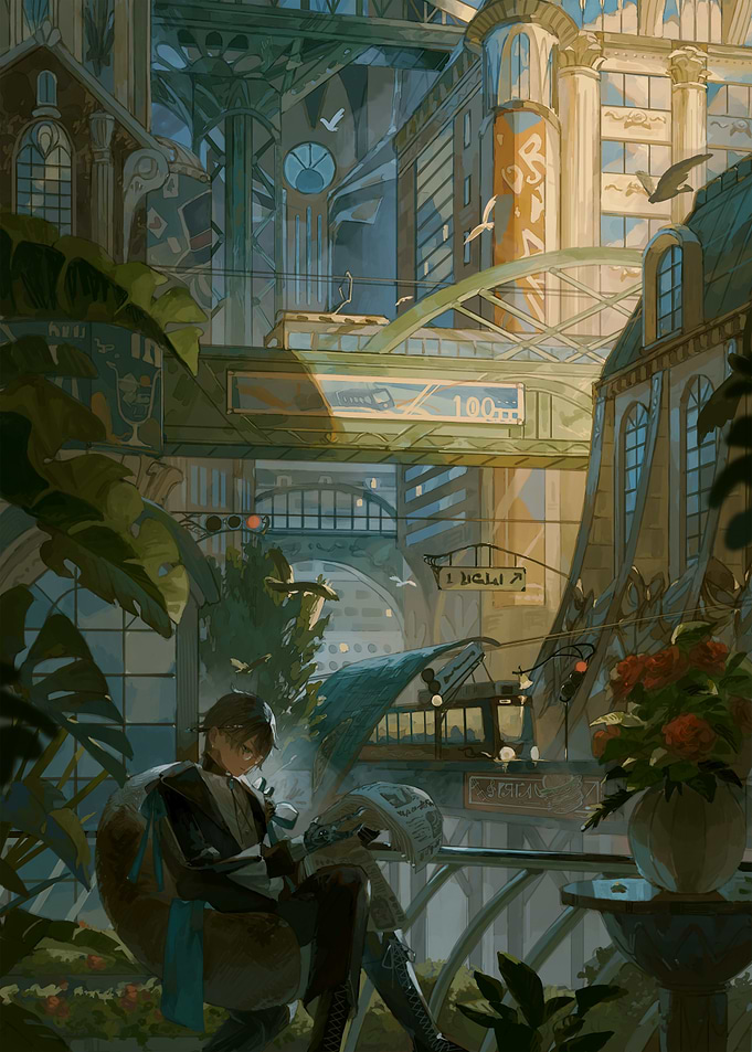 Futuristic Cityscape with Reading Figure