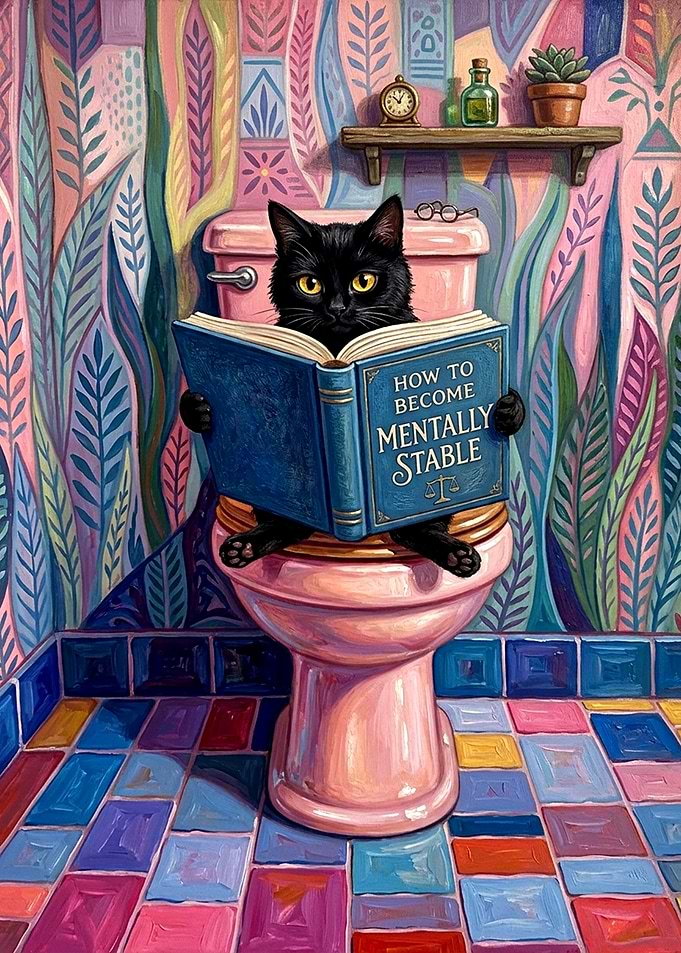 Black Cat Reading on Toilet