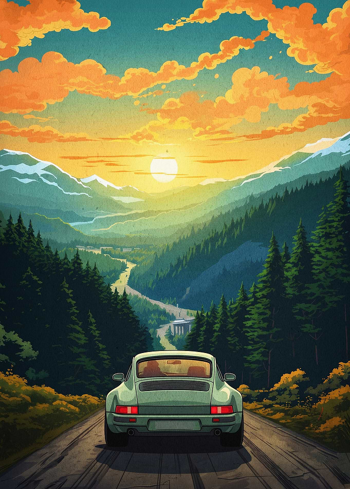 Classic Car Mountain Sunset Art