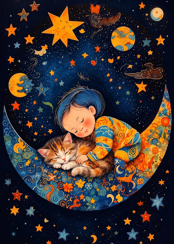 Child and Kitten Sleeping on Moon