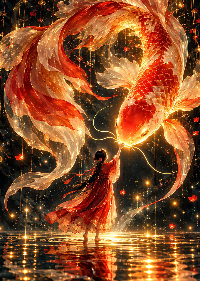 Girl Touching Magical Koi Fish