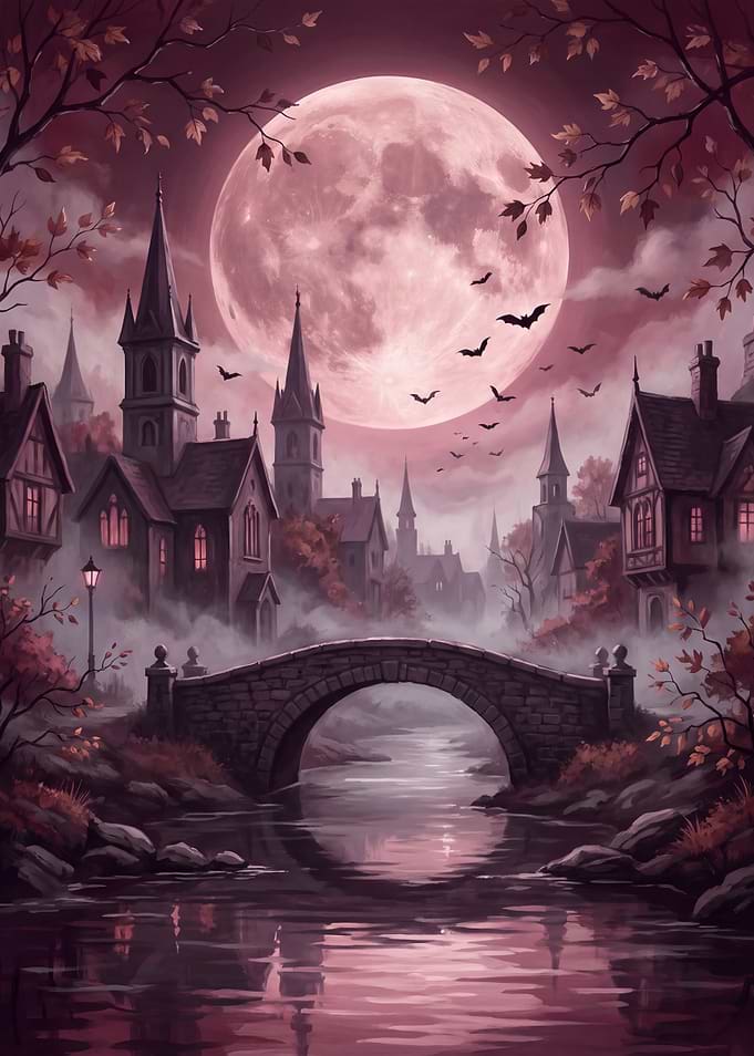 Eerie Gothic Village Under Full Moon