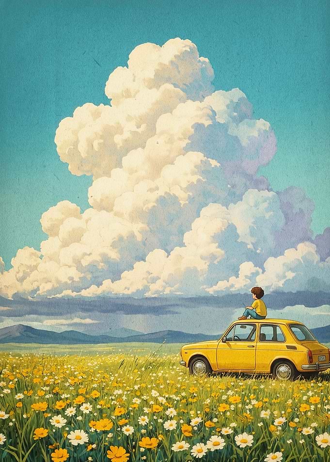 Yellow Car Meadow Retro Anime Art