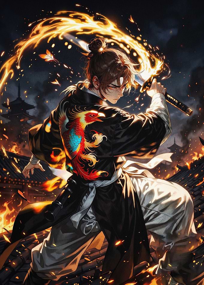 Samurai Flame Sword Epic Anime Art