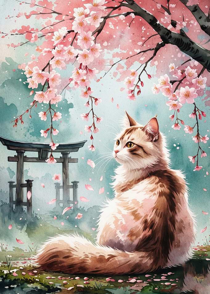 Cat Sakura Blossom Watercolor Art