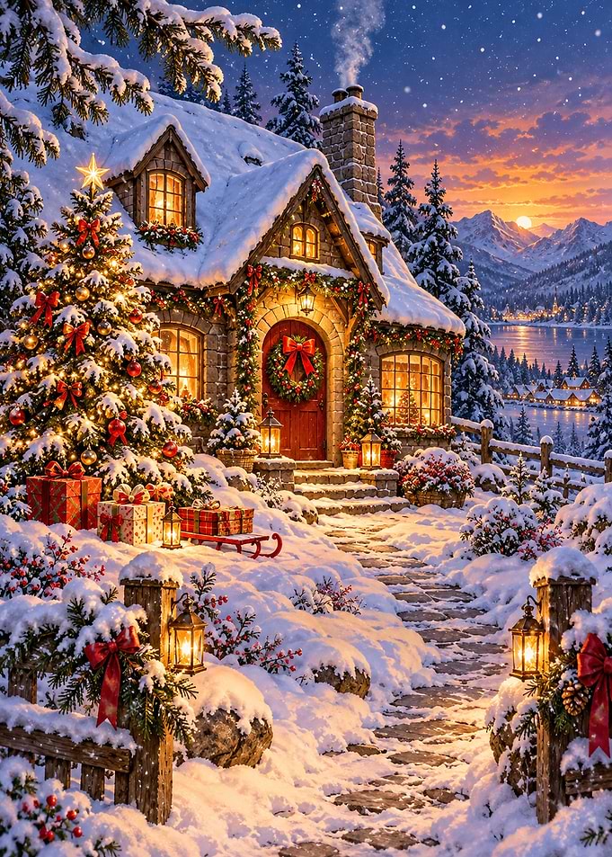 Cozy Christmas Cottage in Winter Landscape