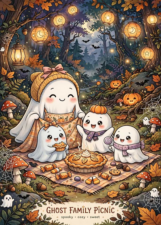 Cute Ghost Family Autumn Picnic