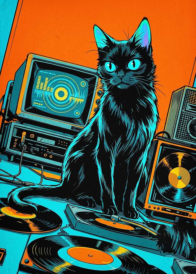 Retro Cat DJ Vinyl Pop Art Poster