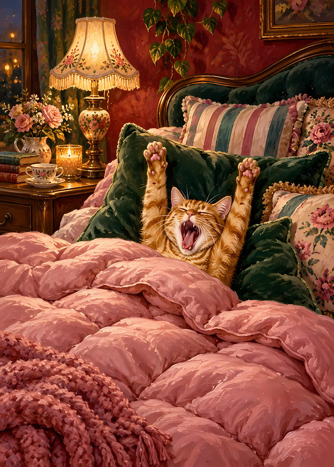 Cozy Ginger Cat Yawning in Bed