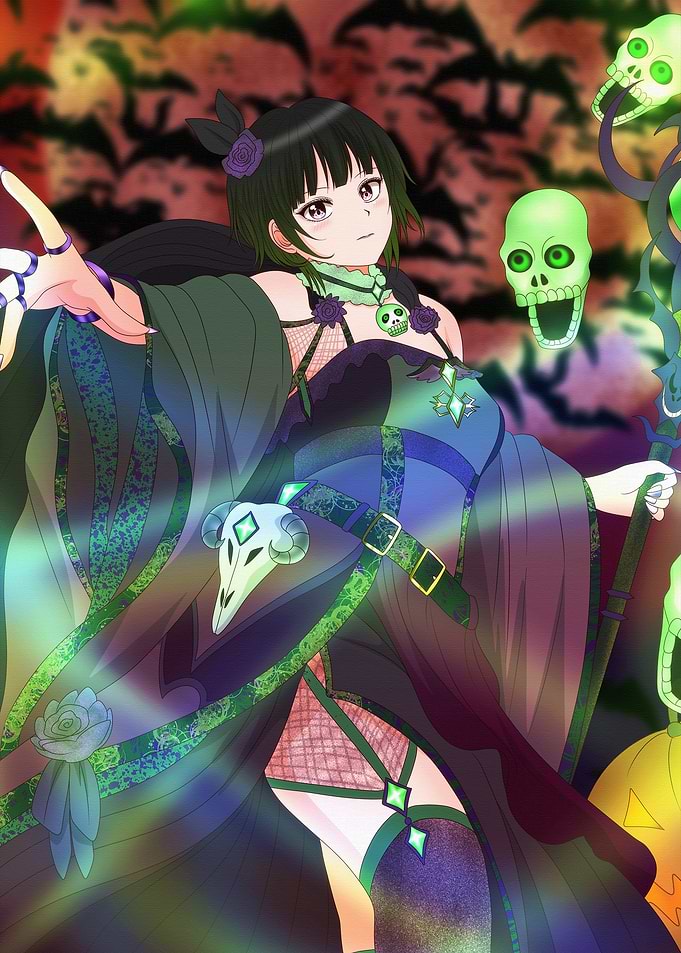 Anime Witch with Glowing Skulls